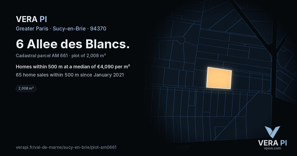 6 Allee des Blancs, Sucy-en-Brie at night – the plot lit, the parcels around coloured by the prices near them