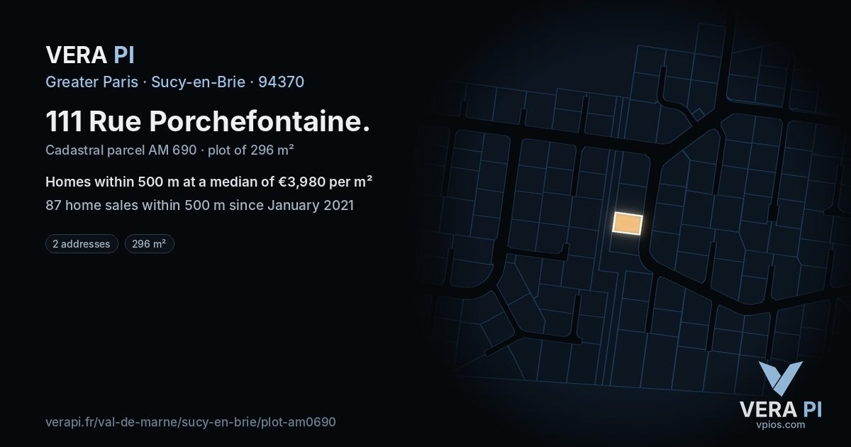 111 Rue Porchefontaine, Sucy-en-Brie at night – the plot lit, the parcels around coloured by the prices near them