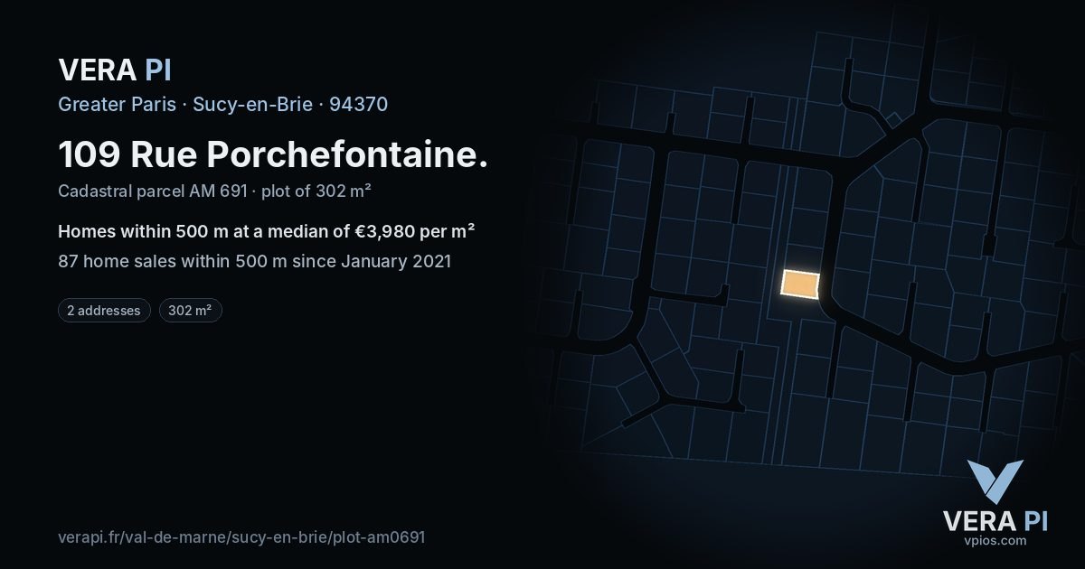 109 Rue Porchefontaine, Sucy-en-Brie at night – the plot lit, the parcels around coloured by the prices near them