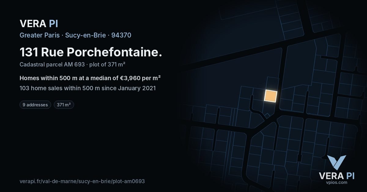 131 Rue Porchefontaine, Sucy-en-Brie at night – the plot lit, the parcels around coloured by the prices near them
