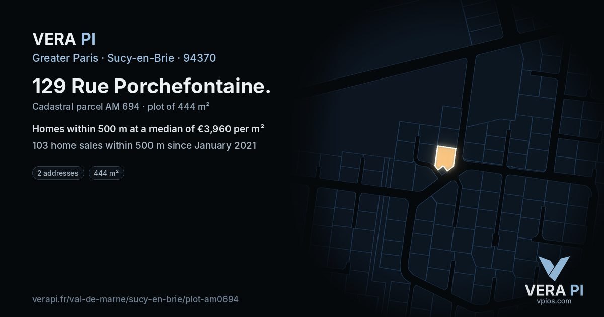 129 Rue Porchefontaine, Sucy-en-Brie at night – the plot lit, the parcels around coloured by the prices near them