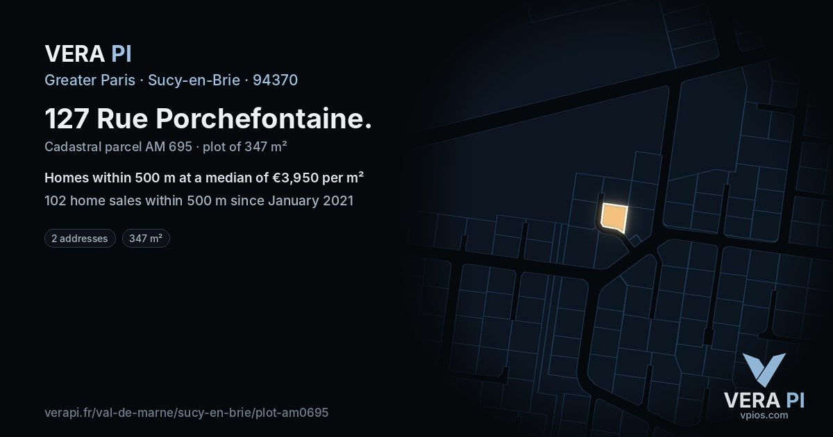 127 Rue Porchefontaine, Sucy-en-Brie at night – the plot lit, the parcels around coloured by the prices near them