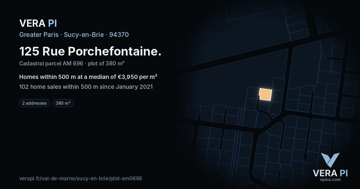 125 Rue Porchefontaine, Sucy-en-Brie at night – the plot lit, the parcels around coloured by the prices near them