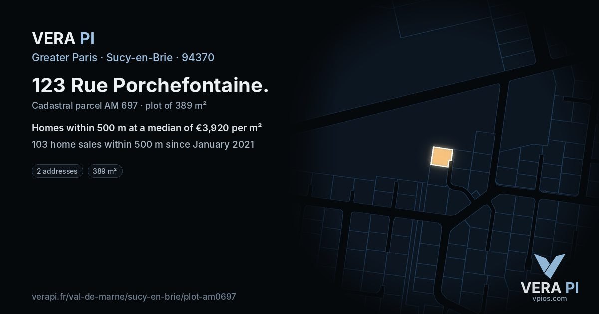 123 Rue Porchefontaine, Sucy-en-Brie at night – the plot lit, the parcels around coloured by the prices near them