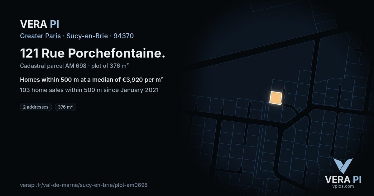 121 Rue Porchefontaine, Sucy-en-Brie at night – the plot lit, the parcels around coloured by the prices near them
