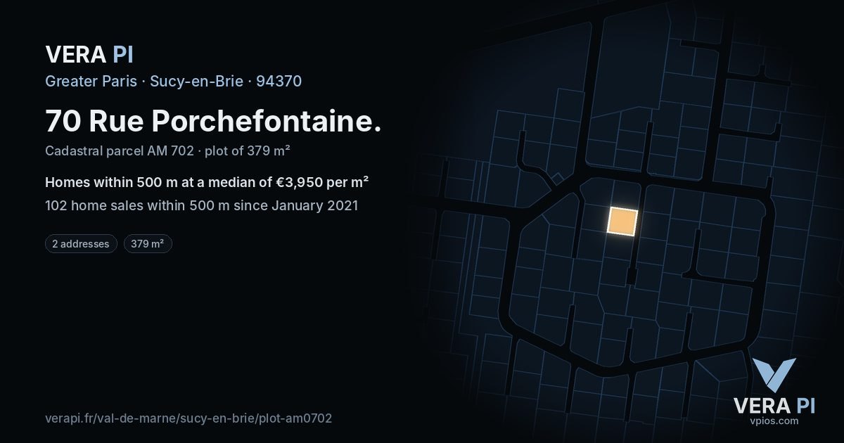 70 Rue Porchefontaine, Sucy-en-Brie at night – the plot lit, the parcels around coloured by the prices near them