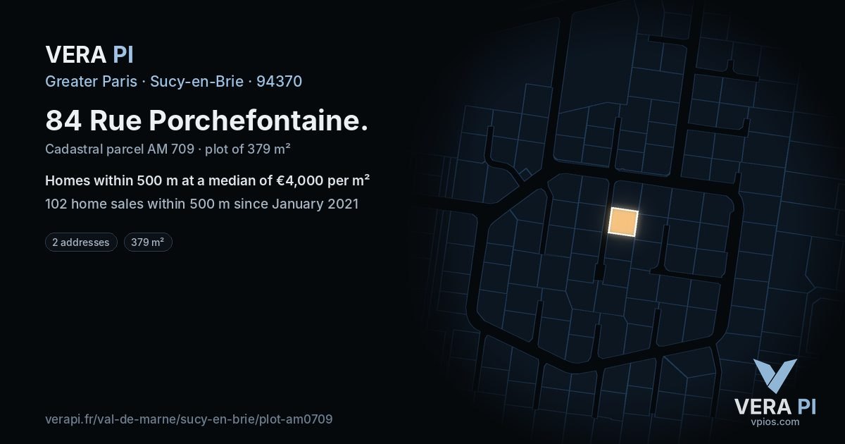 84 Rue Porchefontaine, Sucy-en-Brie at night – the plot lit, the parcels around coloured by the prices near them