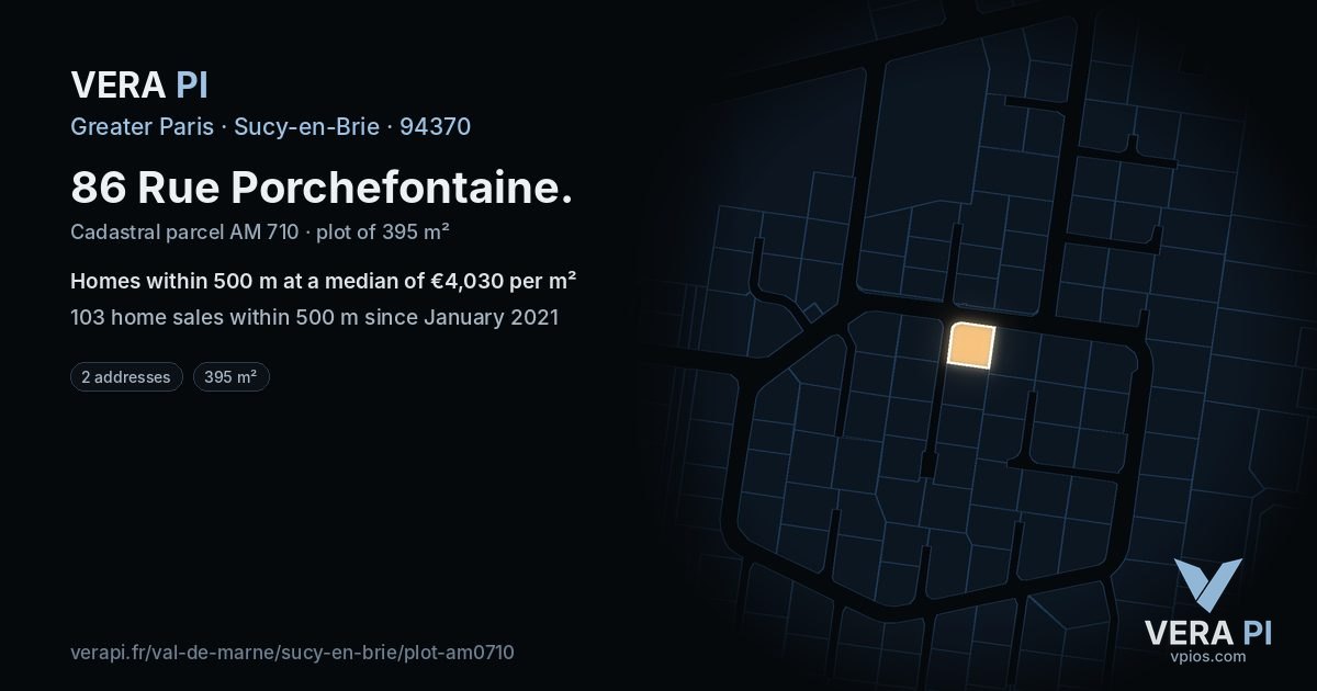 86 Rue Porchefontaine, Sucy-en-Brie at night – the plot lit, the parcels around coloured by the prices near them
