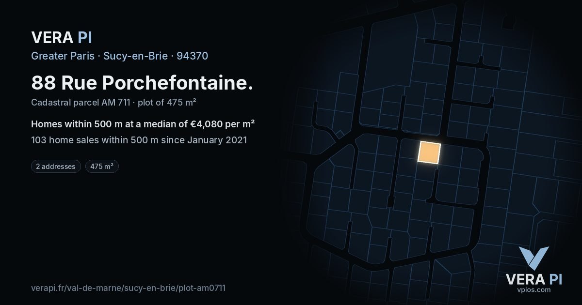88 Rue Porchefontaine, Sucy-en-Brie at night – the plot lit, the parcels around coloured by the prices near them