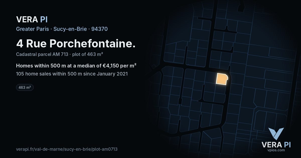 4 Rue Porchefontaine, Sucy-en-Brie at night – the plot lit, the parcels around coloured by the prices near them