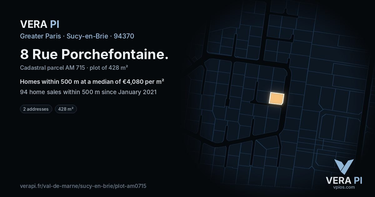8 Rue Porchefontaine, Sucy-en-Brie at night – the plot lit, the parcels around coloured by the prices near them