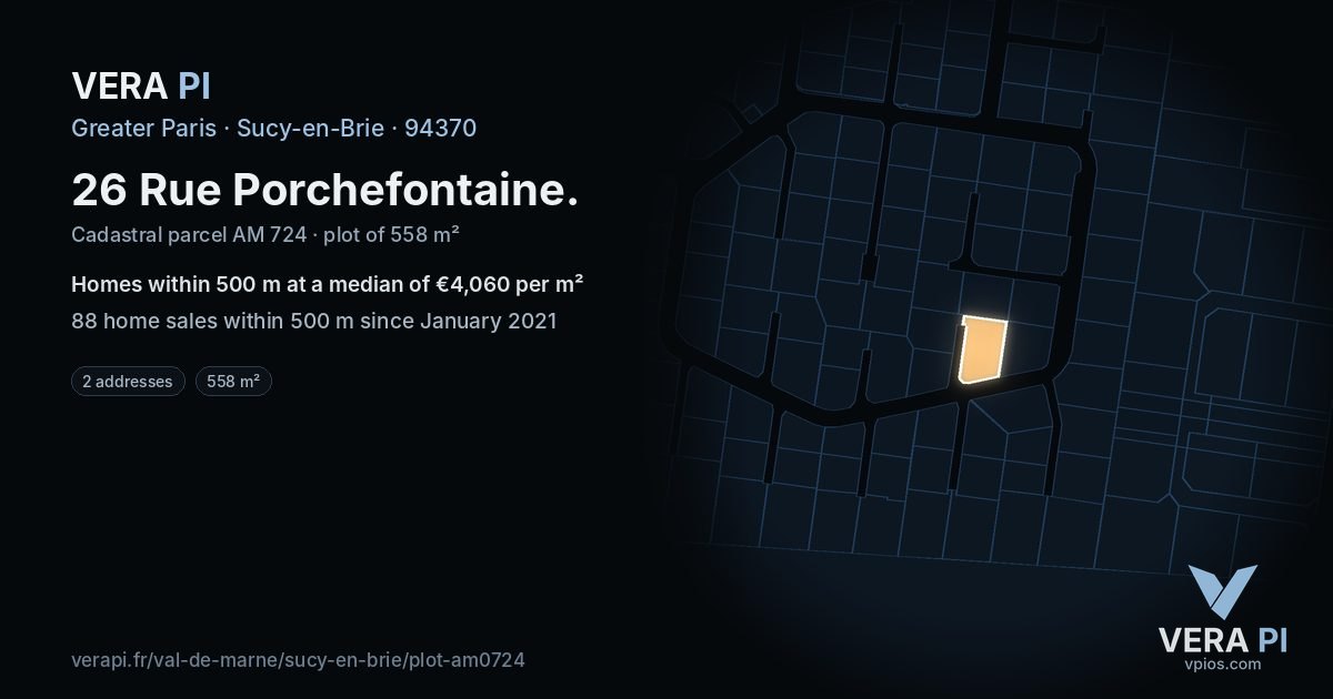 26 Rue Porchefontaine, Sucy-en-Brie at night – the plot lit, the parcels around coloured by the prices near them
