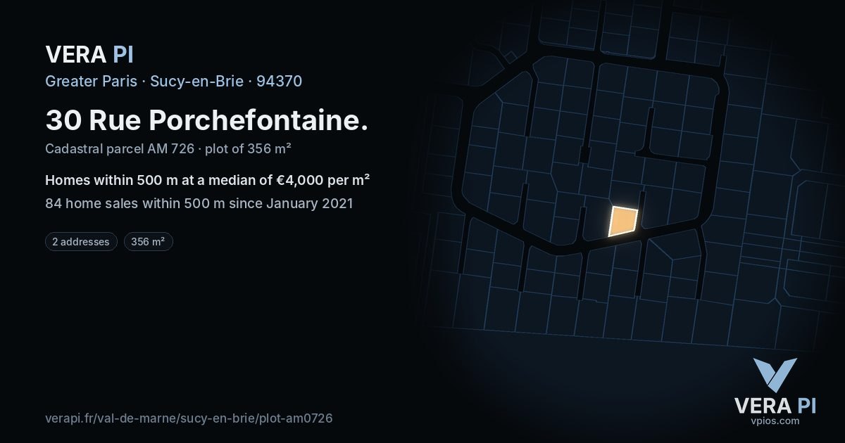 30 Rue Porchefontaine, Sucy-en-Brie at night – the plot lit, the parcels around coloured by the prices near them