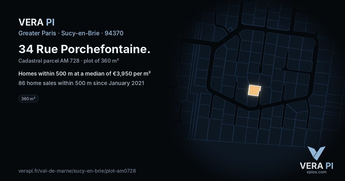 34 Rue Porchefontaine, Sucy-en-Brie at night – the plot lit, the parcels around coloured by the prices near them