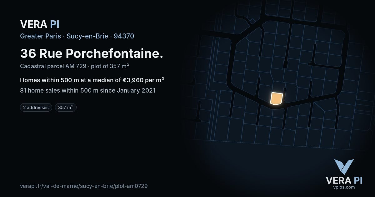 36 Rue Porchefontaine, Sucy-en-Brie at night – the plot lit, the parcels around coloured by the prices near them