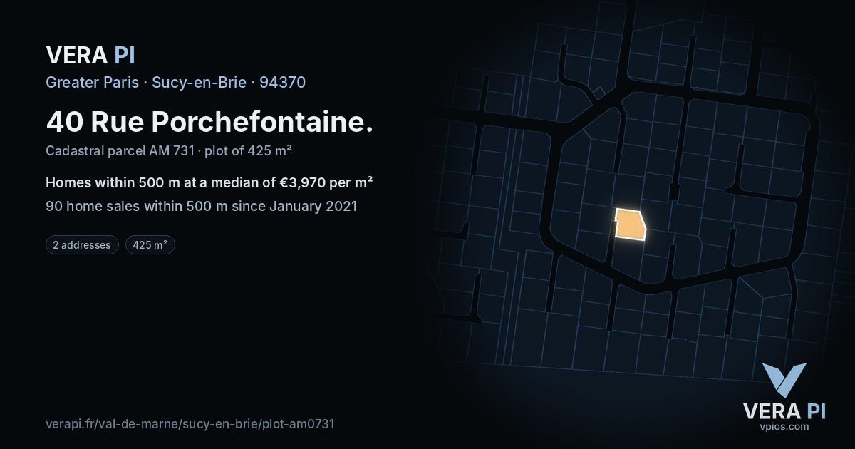 40 Rue Porchefontaine, Sucy-en-Brie at night – the plot lit, the parcels around coloured by the prices near them