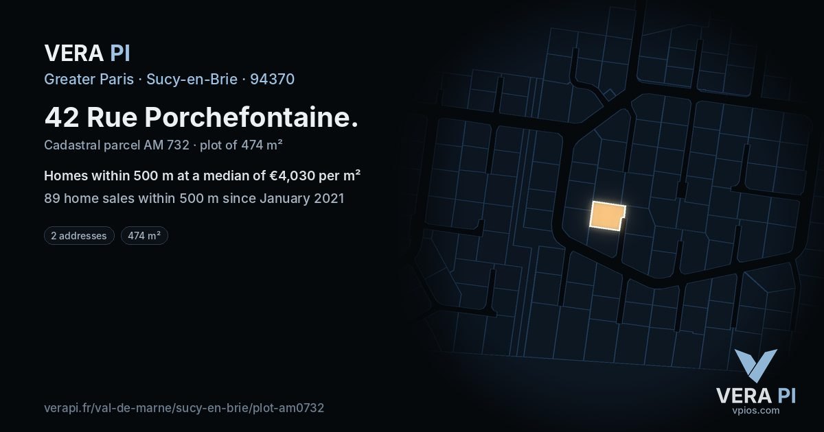 42 Rue Porchefontaine, Sucy-en-Brie at night – the plot lit, the parcels around coloured by the prices near them