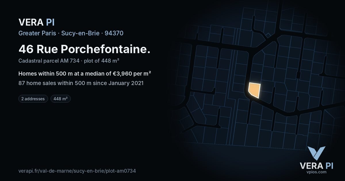 46 Rue Porchefontaine, Sucy-en-Brie at night – the plot lit, the parcels around coloured by the prices near them