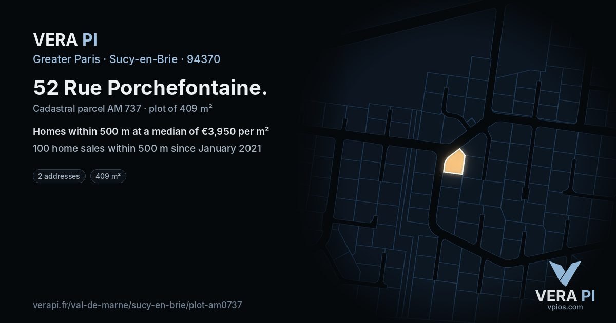 52 Rue Porchefontaine, Sucy-en-Brie at night – the plot lit, the parcels around coloured by the prices near them