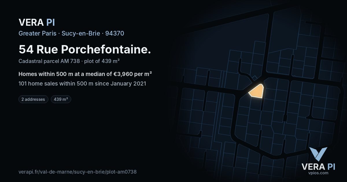 54 Rue Porchefontaine, Sucy-en-Brie at night – the plot lit, the parcels around coloured by the prices near them
