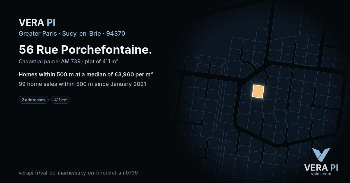 56 Rue Porchefontaine, Sucy-en-Brie at night – the plot lit, the parcels around coloured by the prices near them