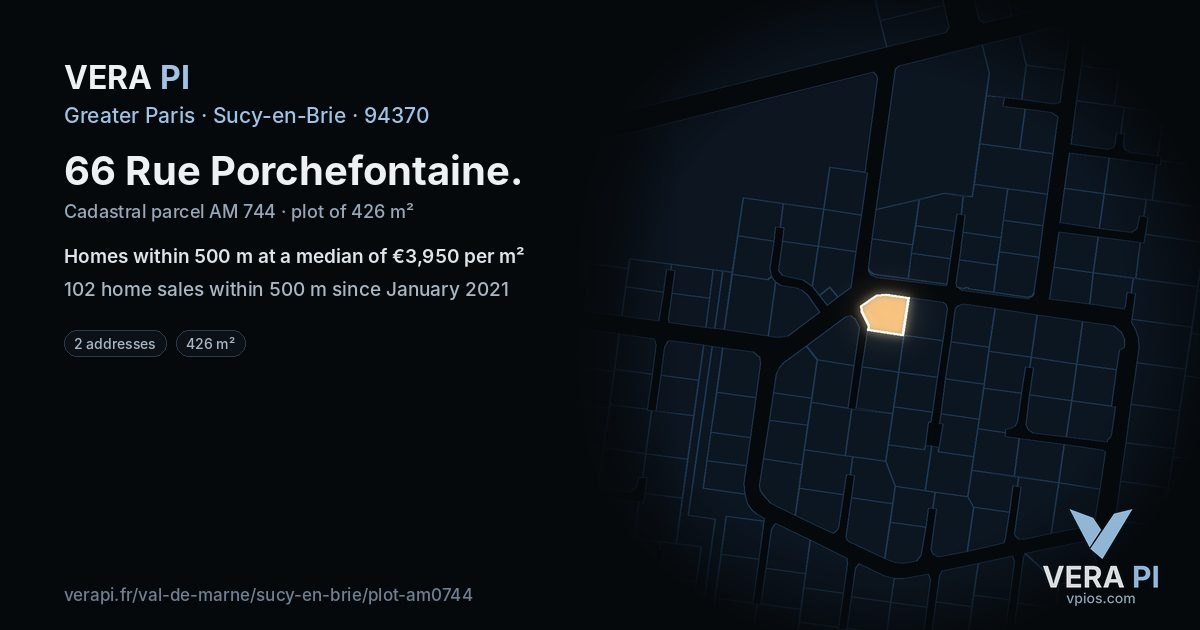 66 Rue Porchefontaine, Sucy-en-Brie at night – the plot lit, the parcels around coloured by the prices near them