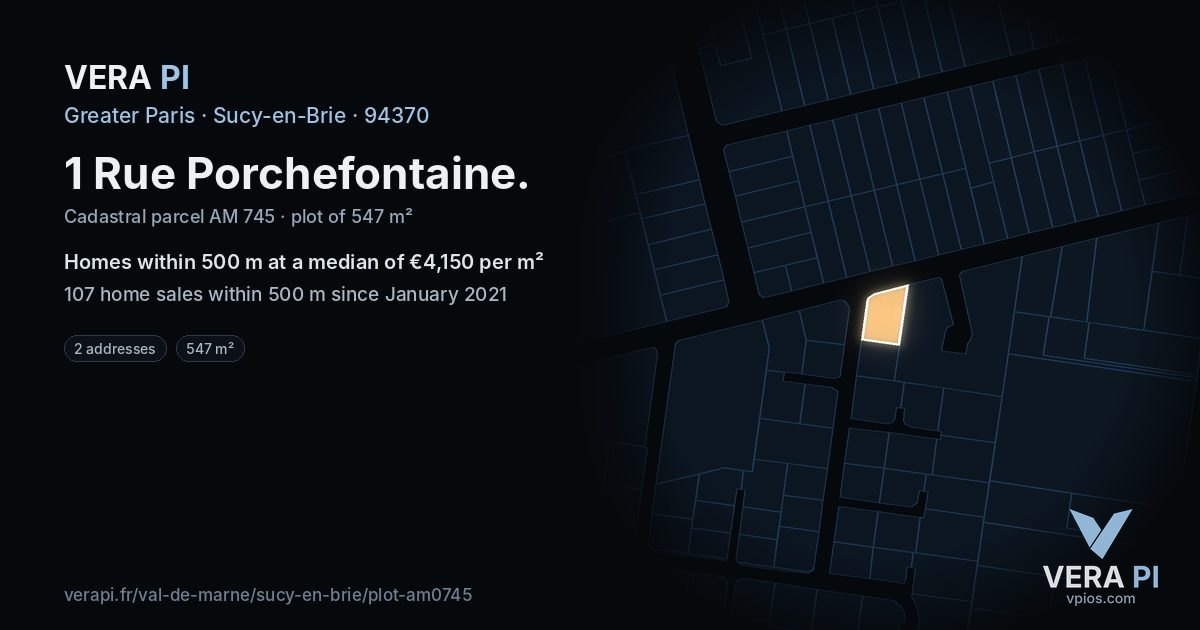 1 Rue Porchefontaine, Sucy-en-Brie at night – the plot lit, the parcels around coloured by the prices near them