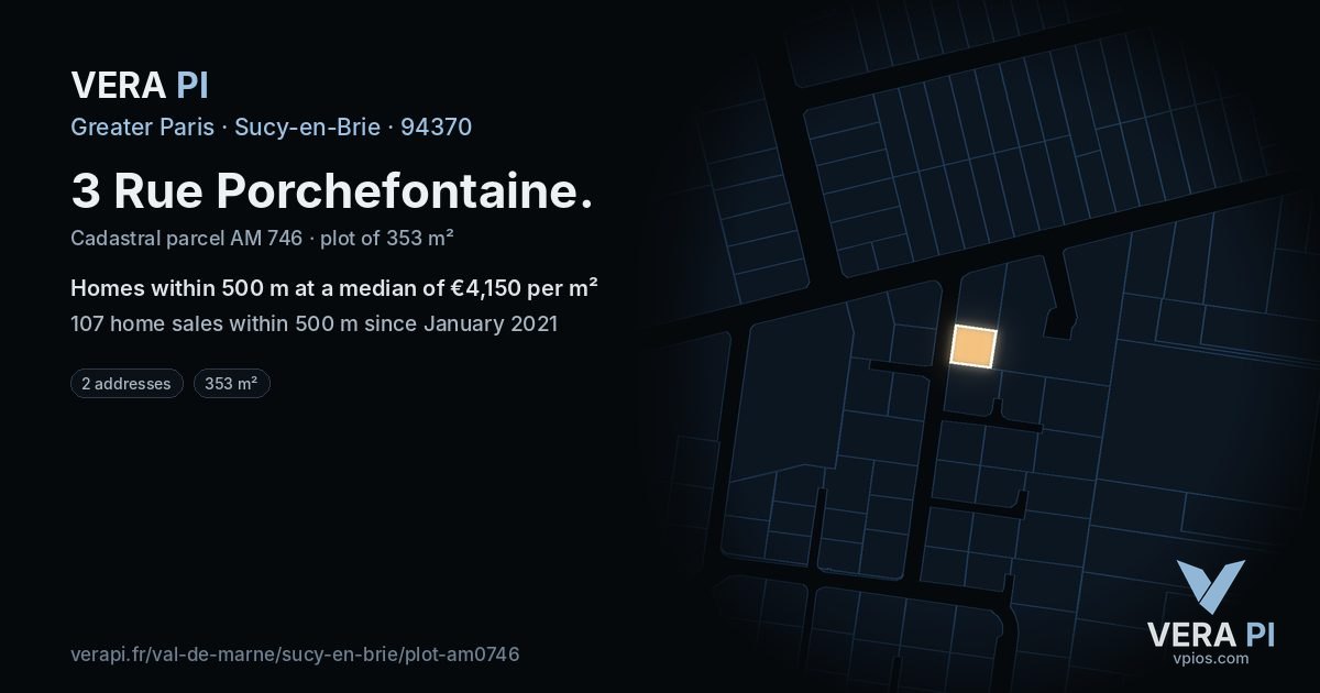 3 Rue Porchefontaine, Sucy-en-Brie at night – the plot lit, the parcels around coloured by the prices near them
