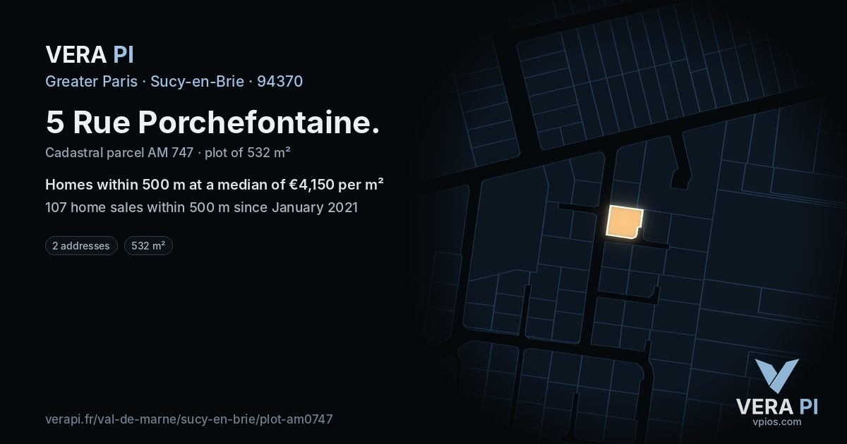 5 Rue Porchefontaine, Sucy-en-Brie at night – the plot lit, the parcels around coloured by the prices near them