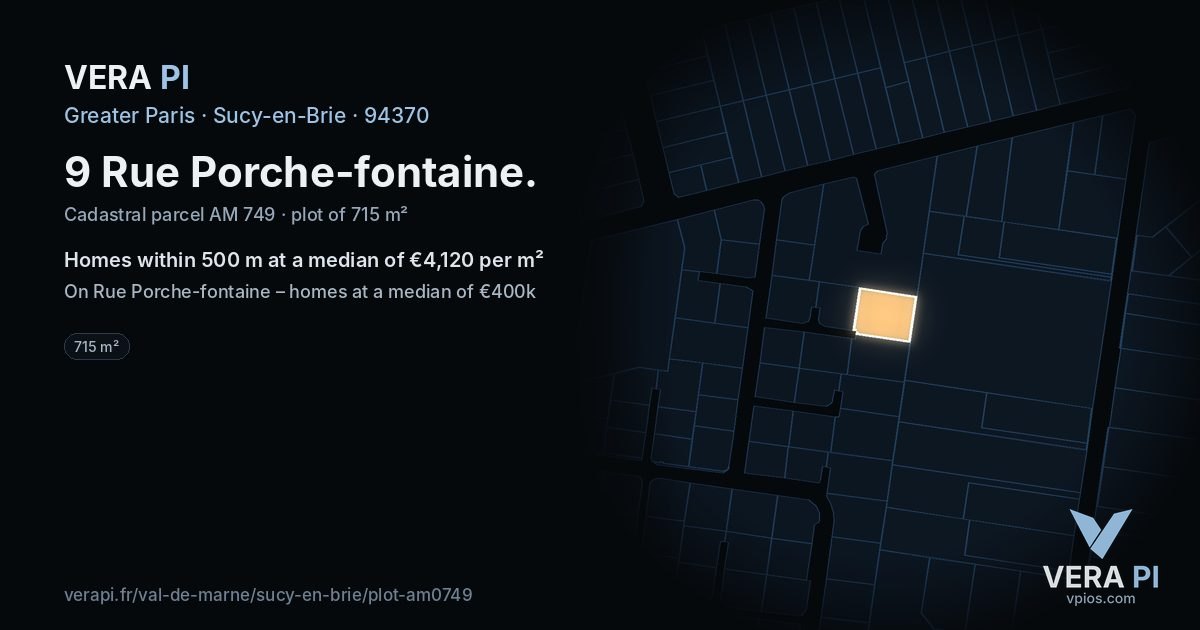 9 Rue Porche-fontaine, Sucy-en-Brie at night – the plot lit, the parcels around coloured by the prices near them