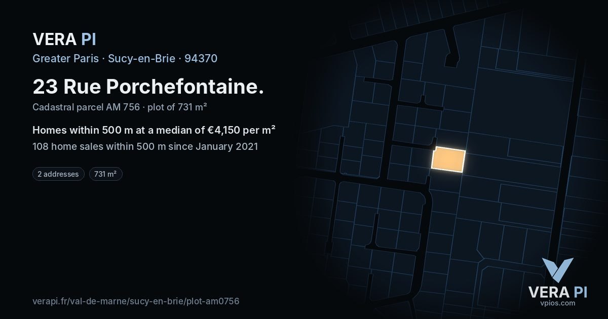 23 Rue Porchefontaine, Sucy-en-Brie at night – the plot lit, the parcels around coloured by the prices near them
