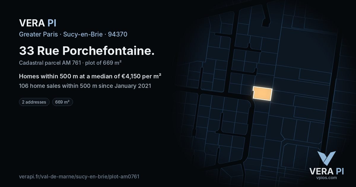 33 Rue Porchefontaine, Sucy-en-Brie at night – the plot lit, the parcels around coloured by the prices near them