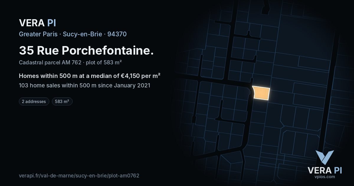 35 Rue Porchefontaine, Sucy-en-Brie at night – the plot lit, the parcels around coloured by the prices near them