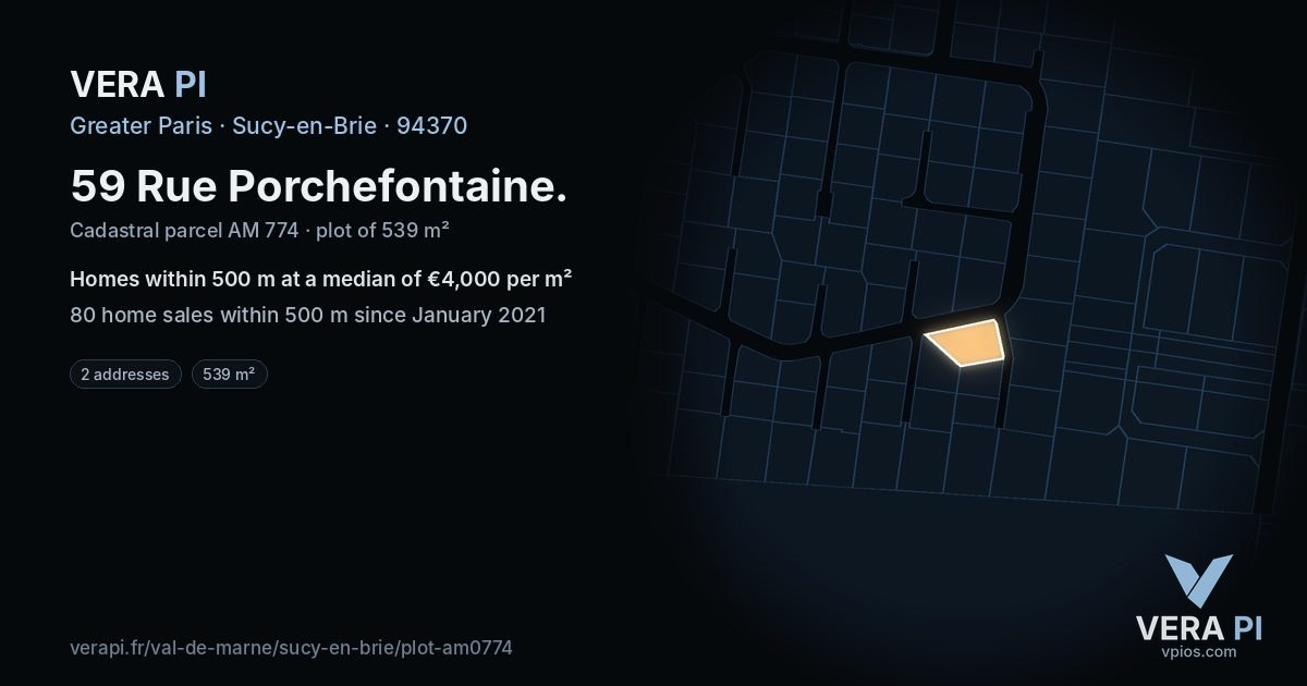59 Rue Porchefontaine, Sucy-en-Brie at night – the plot lit, the parcels around coloured by the prices near them