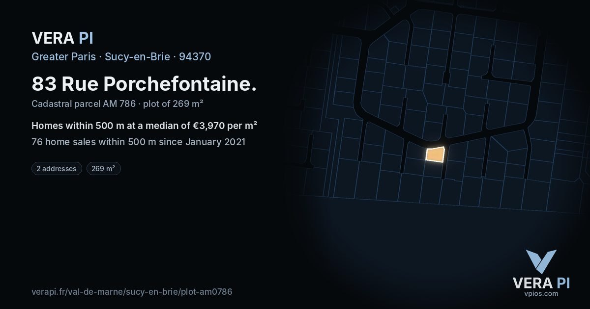 83 Rue Porchefontaine, Sucy-en-Brie at night – the plot lit, the parcels around coloured by the prices near them