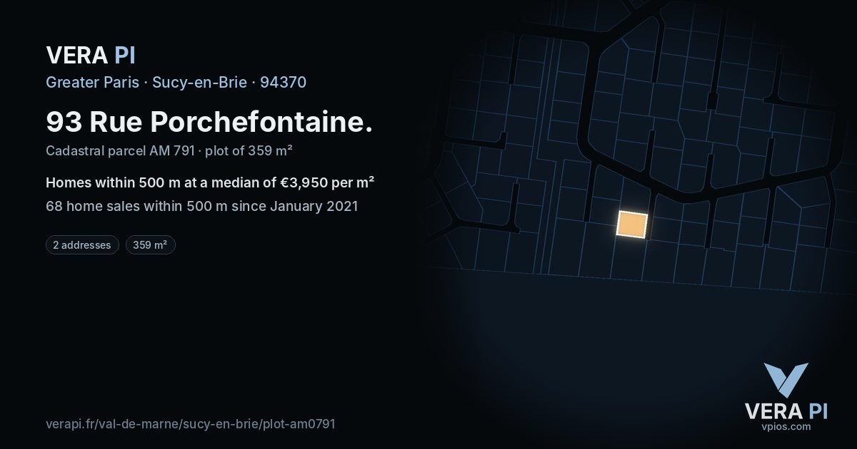 93 Rue Porchefontaine, Sucy-en-Brie at night – the plot lit, the parcels around coloured by the prices near them