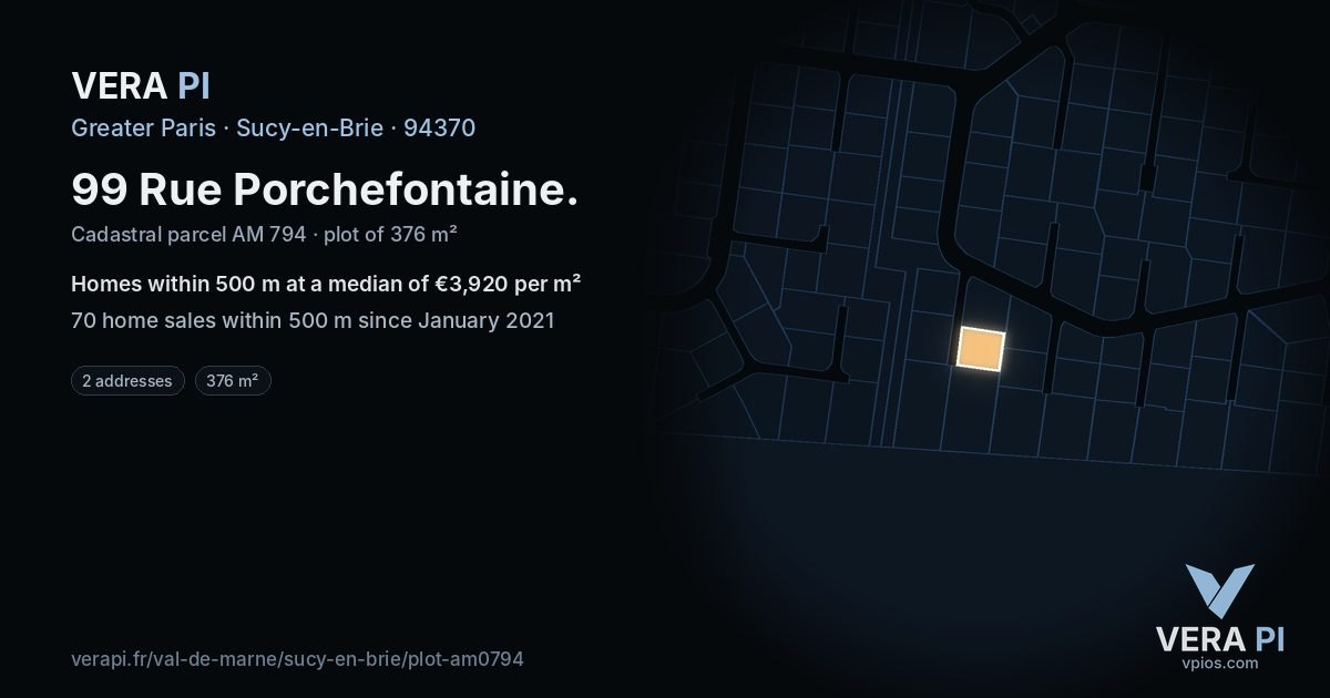 99 Rue Porchefontaine, Sucy-en-Brie at night – the plot lit, the parcels around coloured by the prices near them