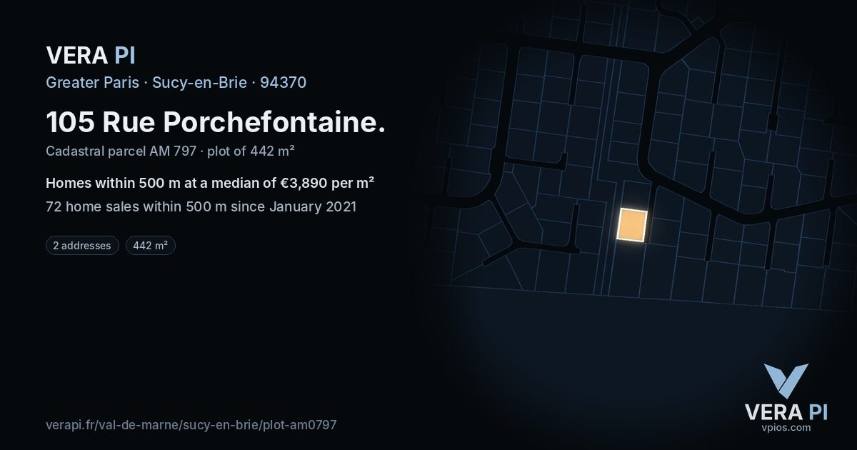 105 Rue Porchefontaine, Sucy-en-Brie at night – the plot lit, the parcels around coloured by the prices near them