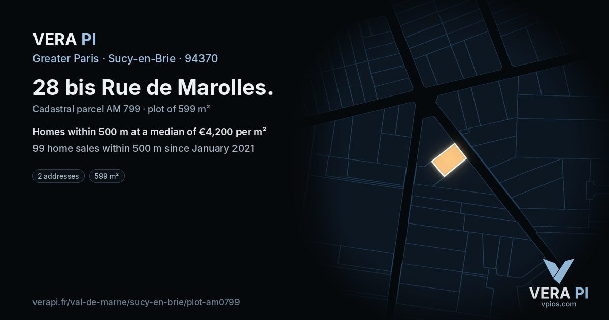 28 bis Rue de Marolles, Sucy-en-Brie at night – the plot lit, the parcels around coloured by the prices near them