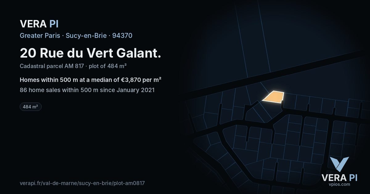 20 Rue du Vert Galant, Sucy-en-Brie at night – the plot lit, the parcels around coloured by the prices near them