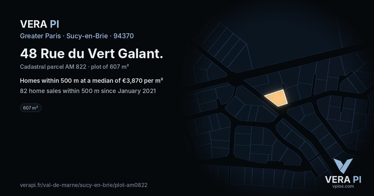 48 Rue du Vert Galant, Sucy-en-Brie at night – the plot lit, the parcels around coloured by the prices near them