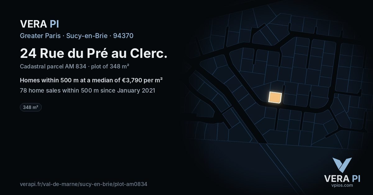 24 Rue du Pré au Clerc, Sucy-en-Brie at night – the plot lit, the parcels around coloured by the prices near them