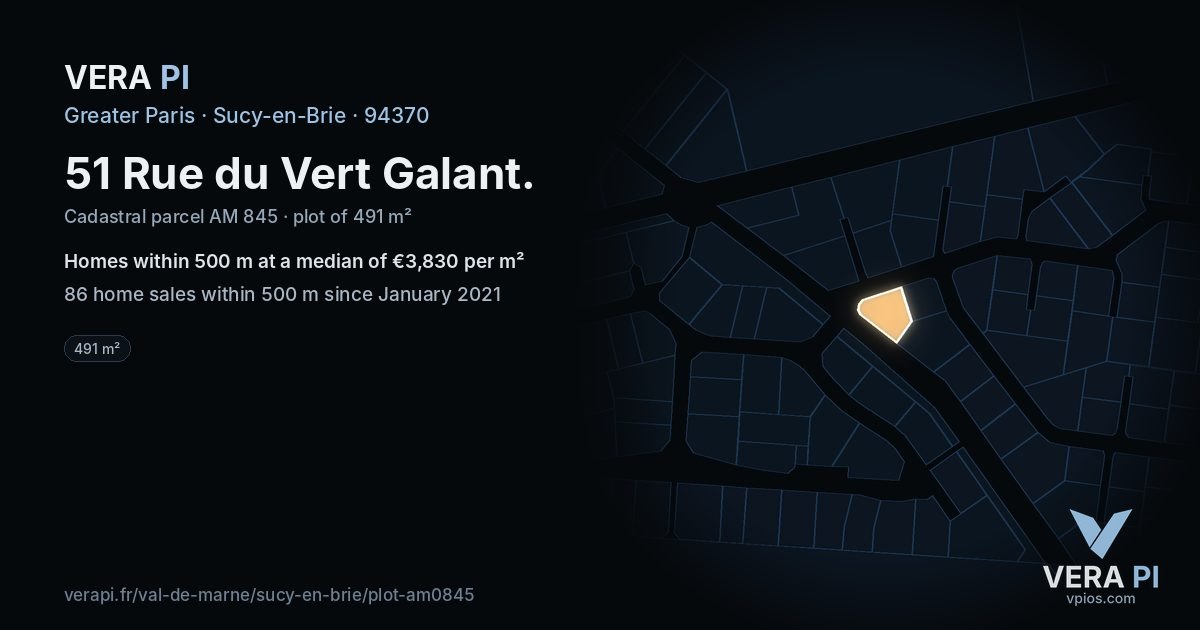 51 Rue du Vert Galant, Sucy-en-Brie at night – the plot lit, the parcels around coloured by the prices near them