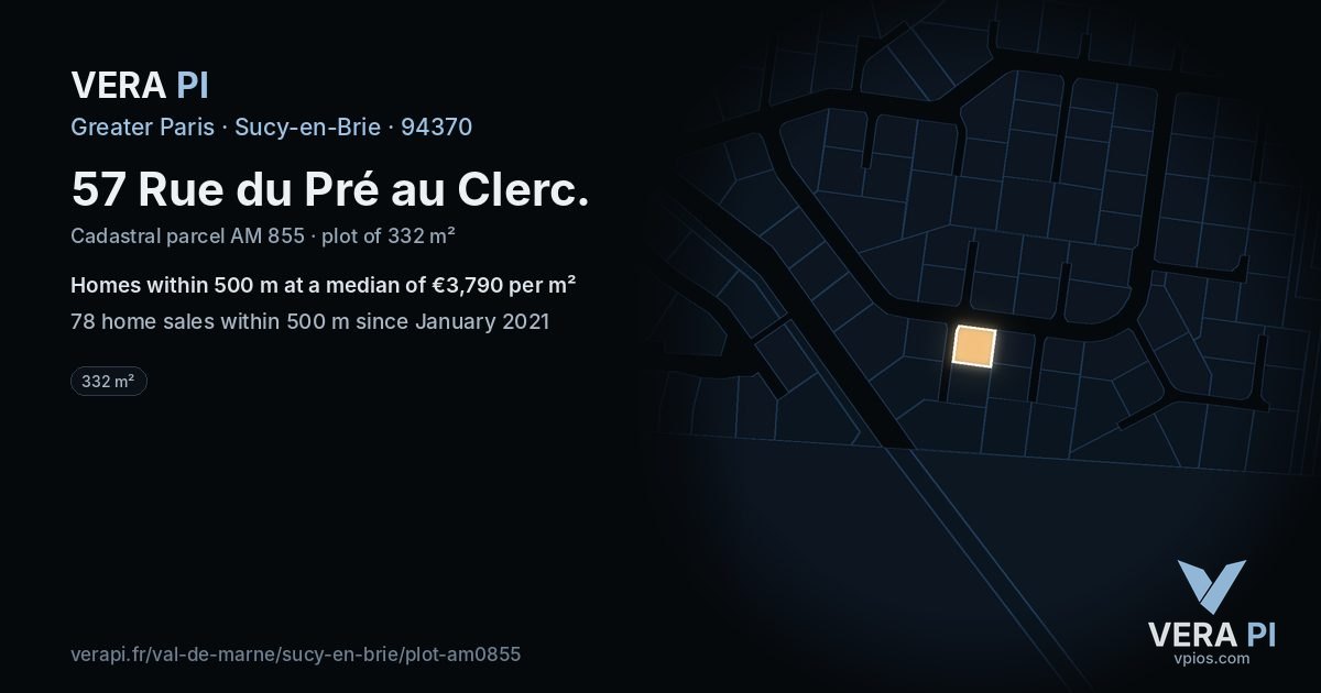 57 Rue du Pré au Clerc, Sucy-en-Brie at night – the plot lit, the parcels around coloured by the prices near them