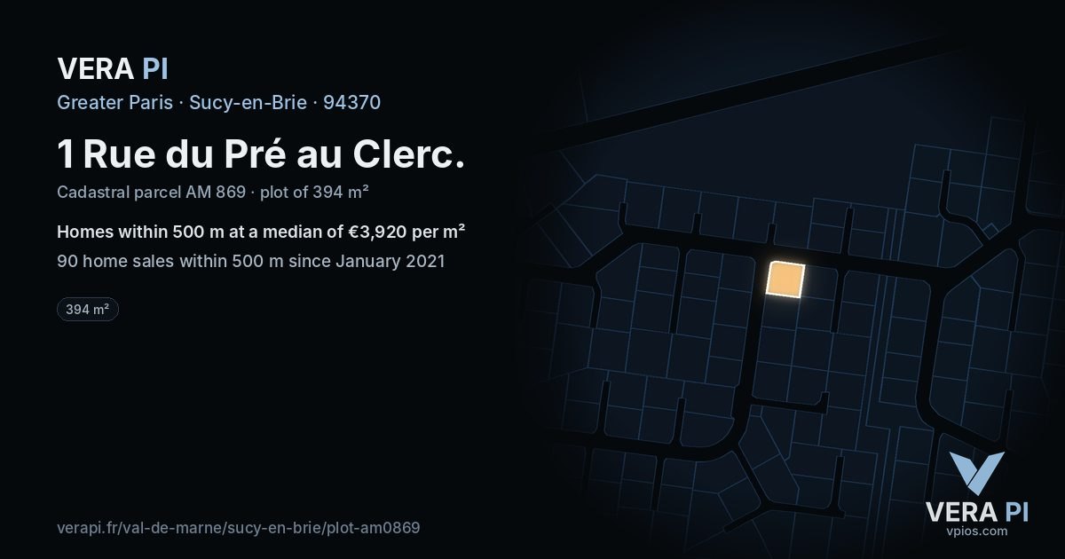1 Rue du Pré au Clerc, Sucy-en-Brie at night – the plot lit, the parcels around coloured by the prices near them