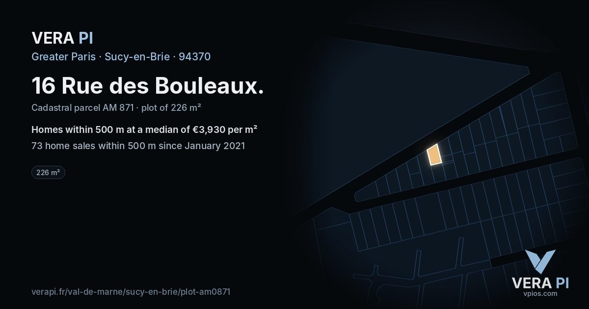 16 Rue des Bouleaux, Sucy-en-Brie at night – the plot lit, the parcels around coloured by the prices near them