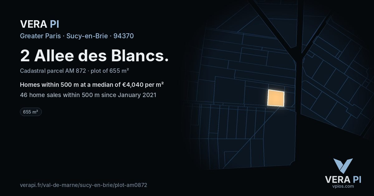 2 Allee des Blancs, Sucy-en-Brie at night – the plot lit, the parcels around coloured by the prices near them