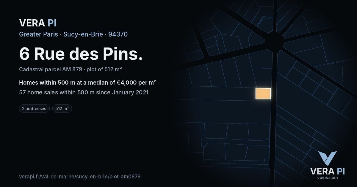 6 Rue des Pins, Sucy-en-Brie at night – the plot lit, the parcels around coloured by the prices near them