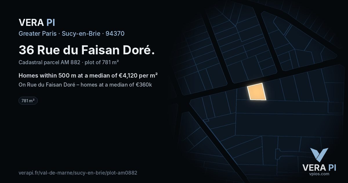 36 Rue du Faisan Doré, Sucy-en-Brie at night – the plot lit, the parcels around coloured by the prices near them