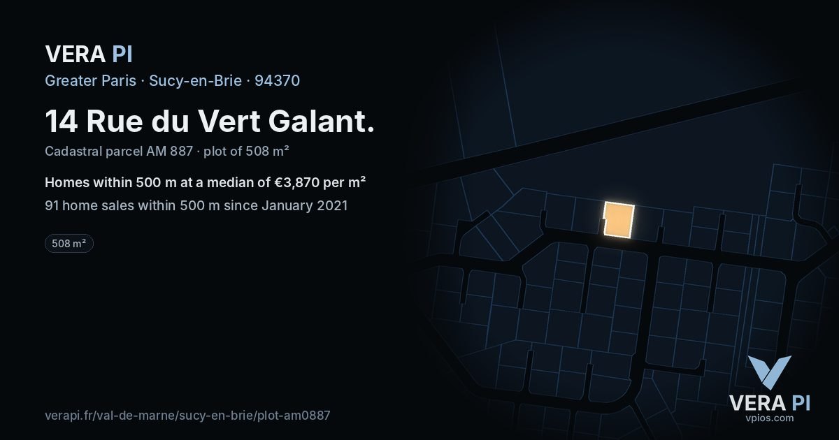 14 Rue du Vert Galant, Sucy-en-Brie at night – the plot lit, the parcels around coloured by the prices near them